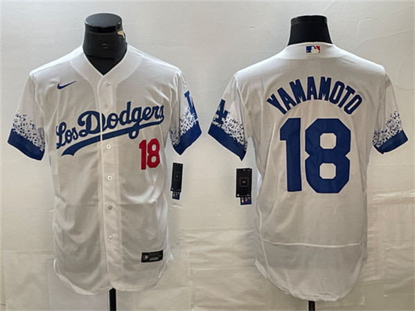 Los Angeles Dodgers #18 Yoshinobu Yamamoto White City Connect Flex Base Stitched Jersey - Click Image to Close